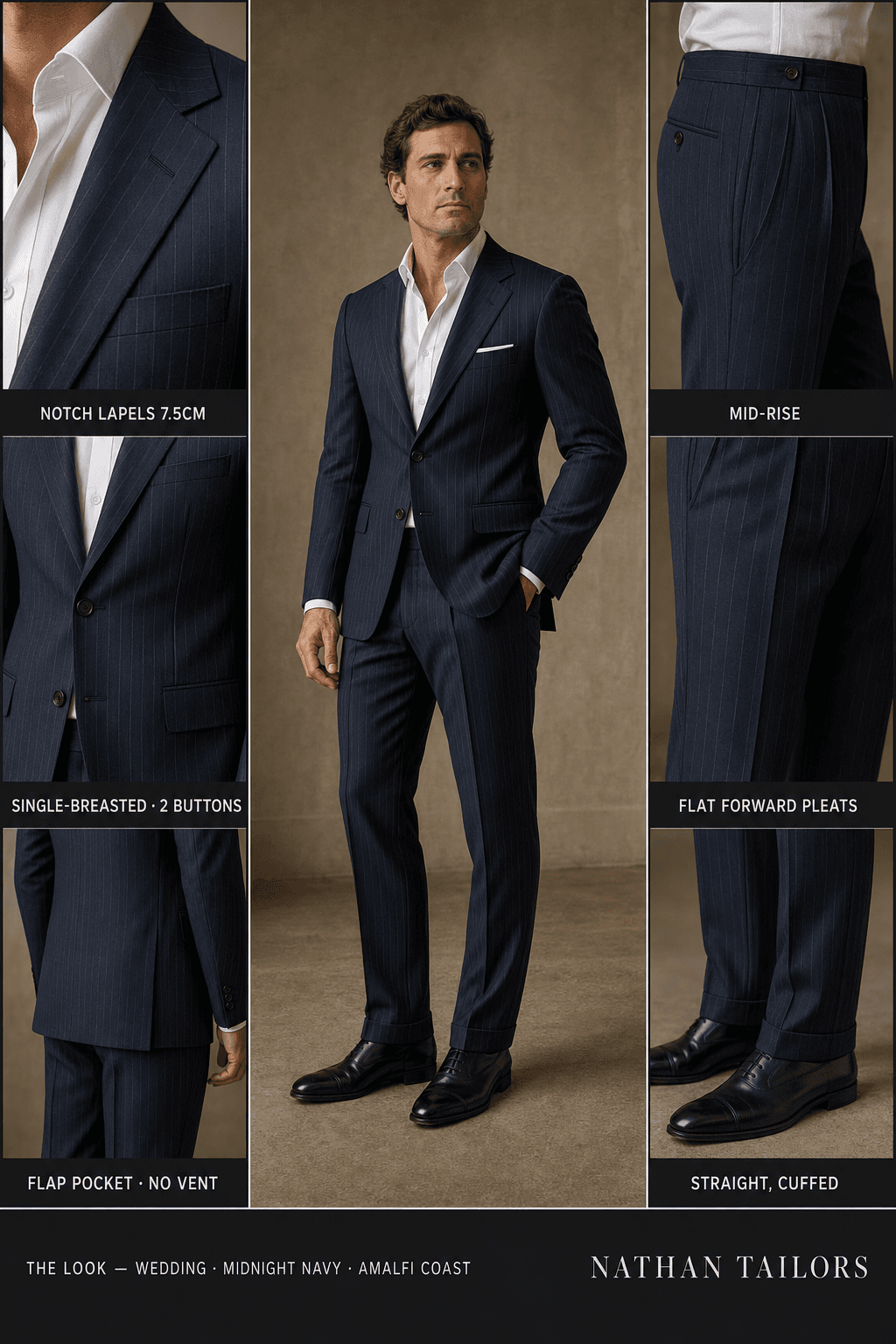 midnight navy pinstripe single-breasted notch-lapel online custom suit — designed online at RemoteSuit. Made-to-measure online custom suit available from $109.