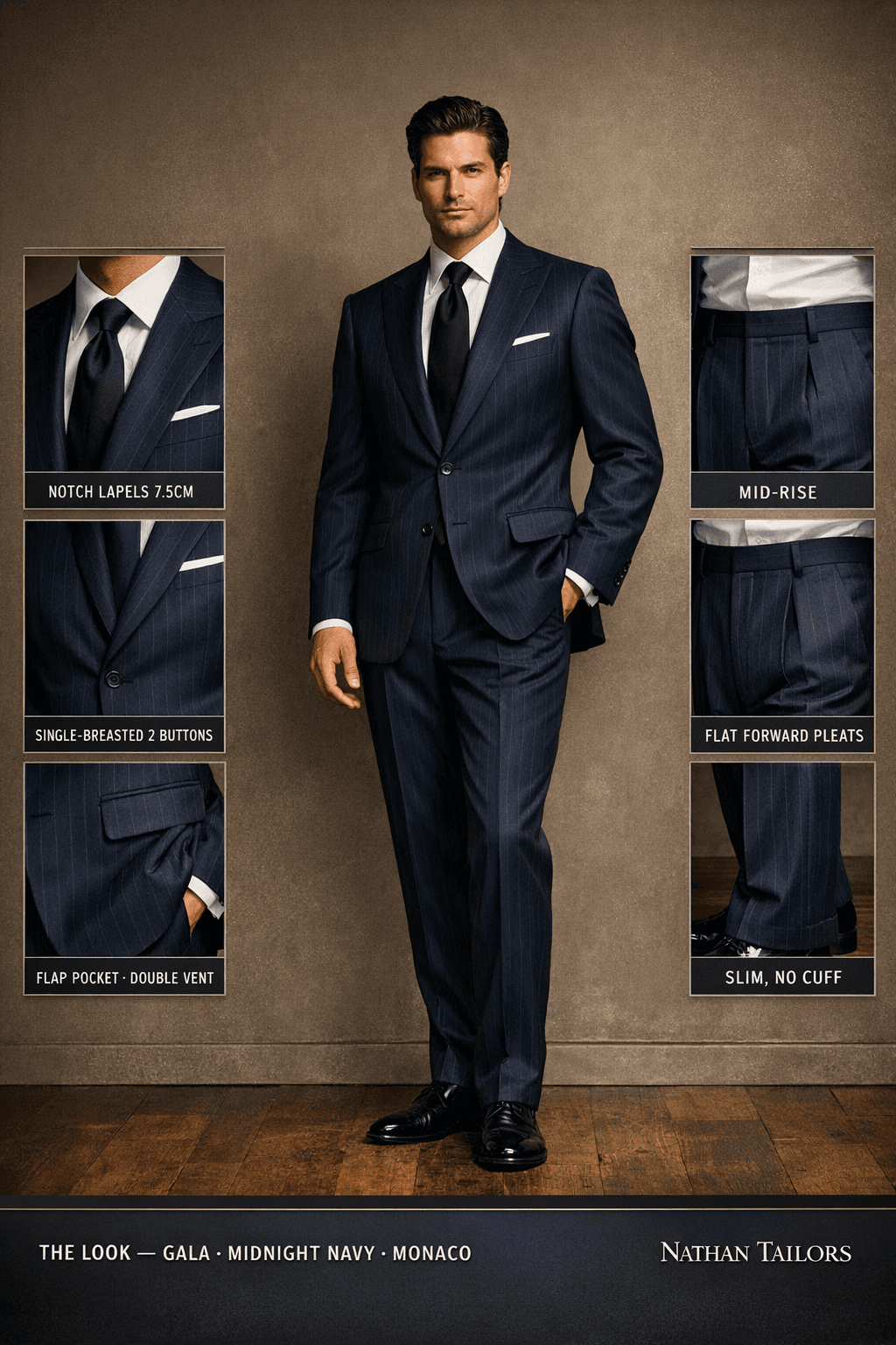 midnight navy pinstripe single-breasted notch-lapel online custom suit — designed online at RemoteSuit. Made-to-measure online custom suit available from $109.