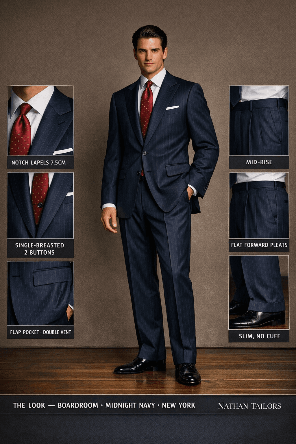 midnight navy pinstripe single-breasted notch-lapel online custom suit — designed online at RemoteSuit. Made-to-measure online custom suit available from $109.