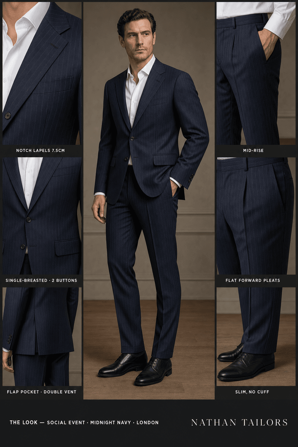 midnight navy pinstripe single-breasted notch-lapel online custom suit — designed online at RemoteSuit. Made-to-measure online custom suit available from $109.