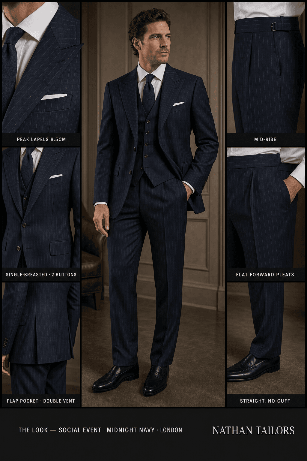 midnight navy pinstripe single-breasted peak-lapel online custom suit — designed online at RemoteSuit. Made-to-measure online custom suit available from $109.