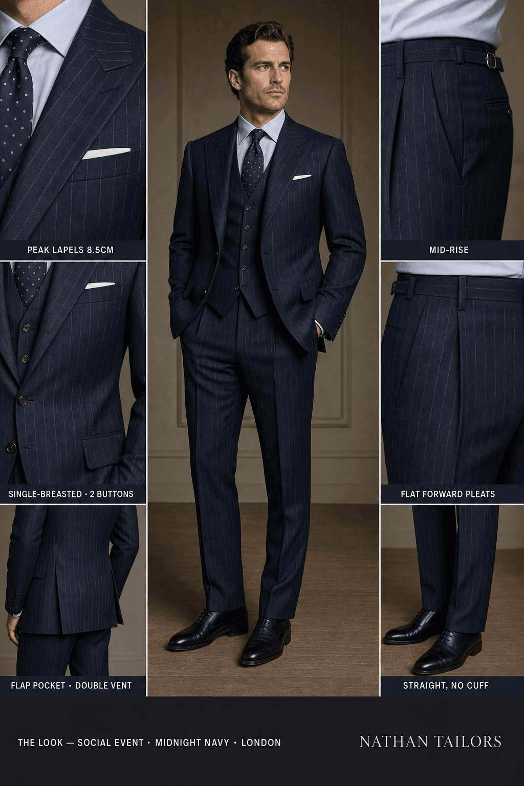 midnight navy pinstripe single-breasted peak-lapel online custom suit — designed online at RemoteSuit. Made-to-measure online custom suit available from $109.