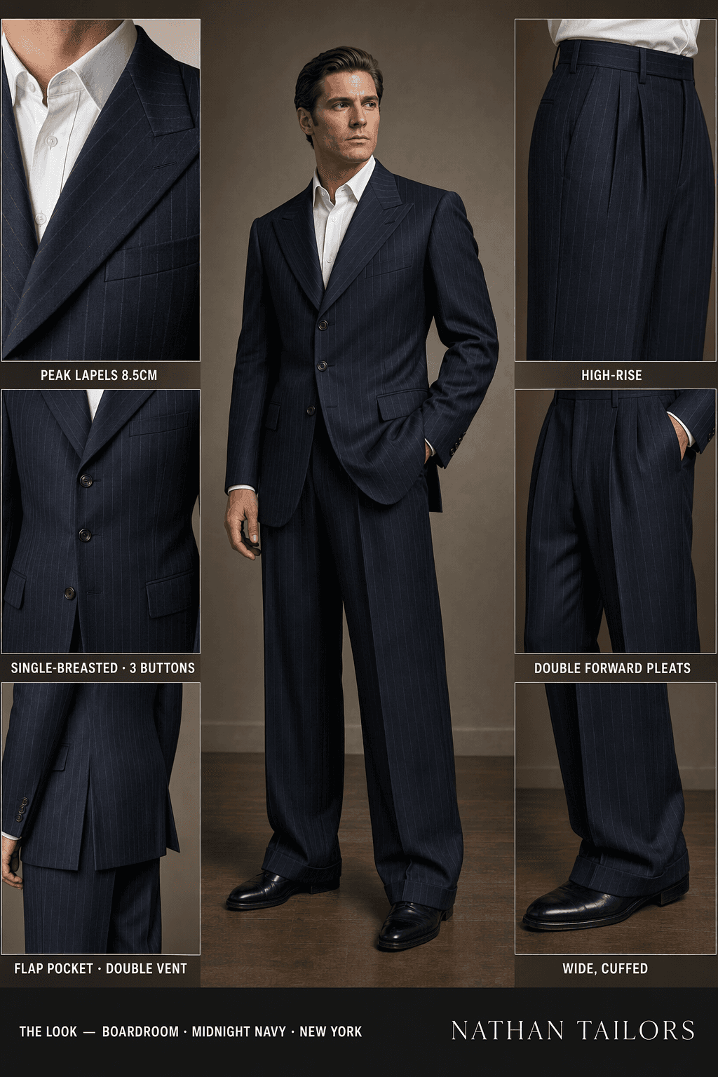midnight navy pinstripe single-breasted peak-lapel online custom suit — designed online at RemoteSuit. Made-to-measure online custom suit available from $109.