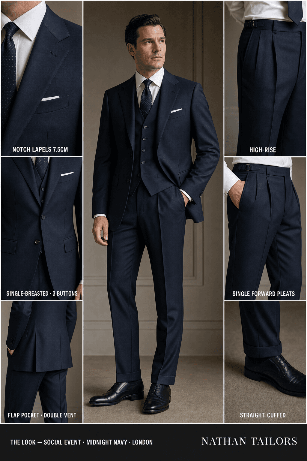 midnight navy single-breasted notch-lapel online custom suit — designed online at RemoteSuit. Made-to-measure online custom suit available from $109.