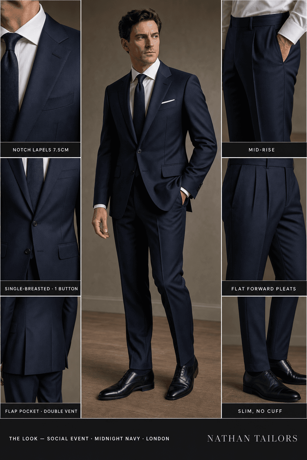 midnight navy single-breasted notch-lapel online custom suit — designed online at RemoteSuit. Made-to-measure online custom suit available from $109.