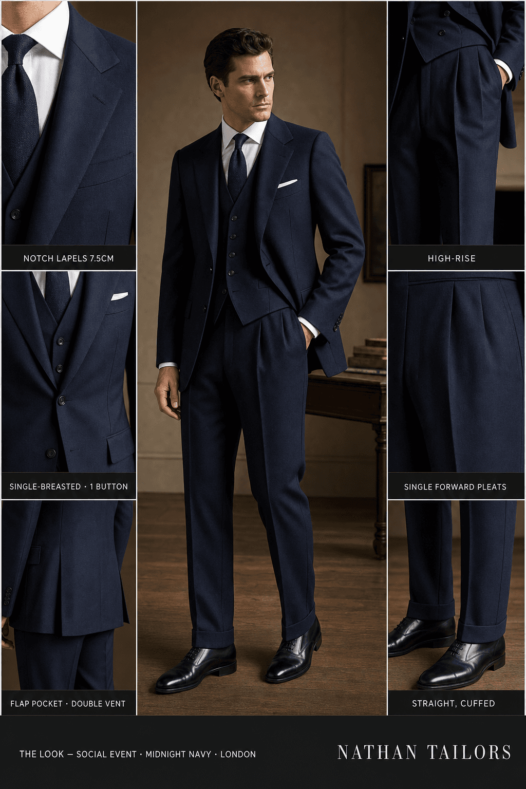 midnight navy single-breasted notch-lapel online custom suit — designed online at RemoteSuit. Made-to-measure online custom suit available from $109.