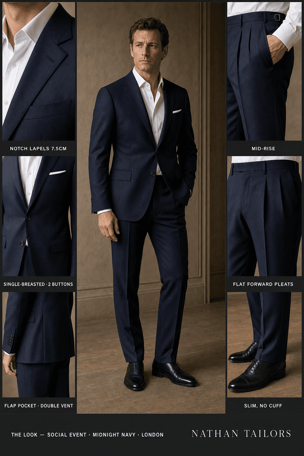 midnight navy single-breasted notch-lapel online custom suit — designed online at RemoteSuit. Made-to-measure online custom suit available from $109.