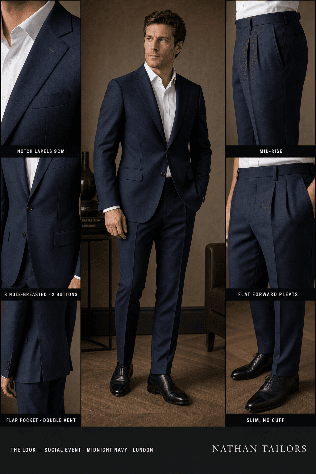 midnight navy single-breasted notch-lapel online custom suit — designed online at RemoteSuit. Made-to-measure online custom suit available from $109.