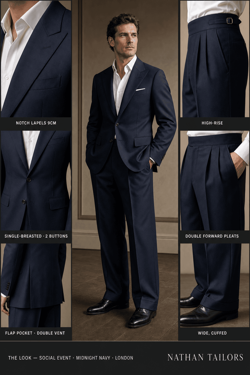 midnight navy single-breasted notch-lapel online custom suit — designed online at RemoteSuit. Made-to-measure online custom suit available from $109.