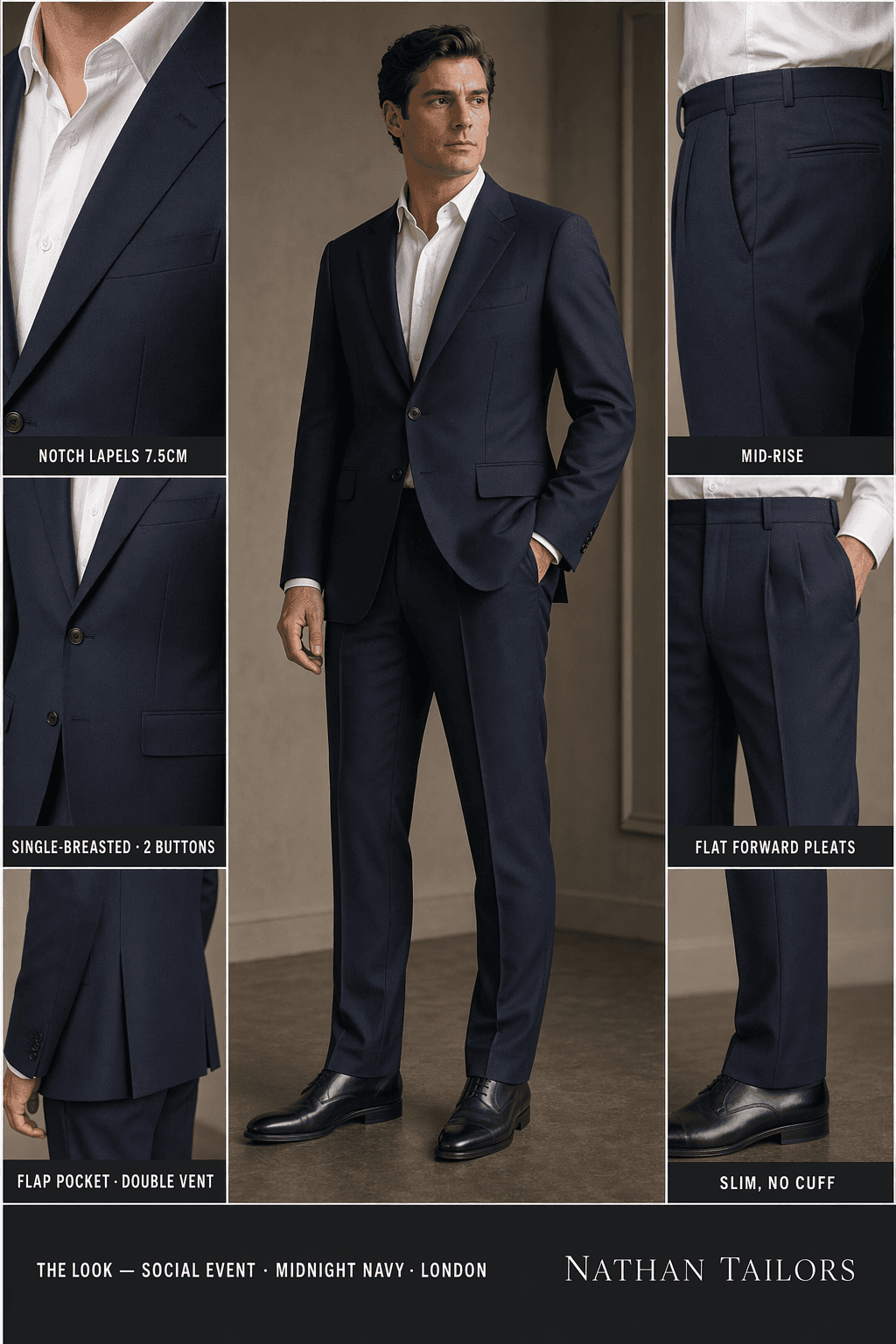 midnight navy single-breasted notch-lapel online custom suit — designed online at RemoteSuit. Made-to-measure online custom suit available from $109.