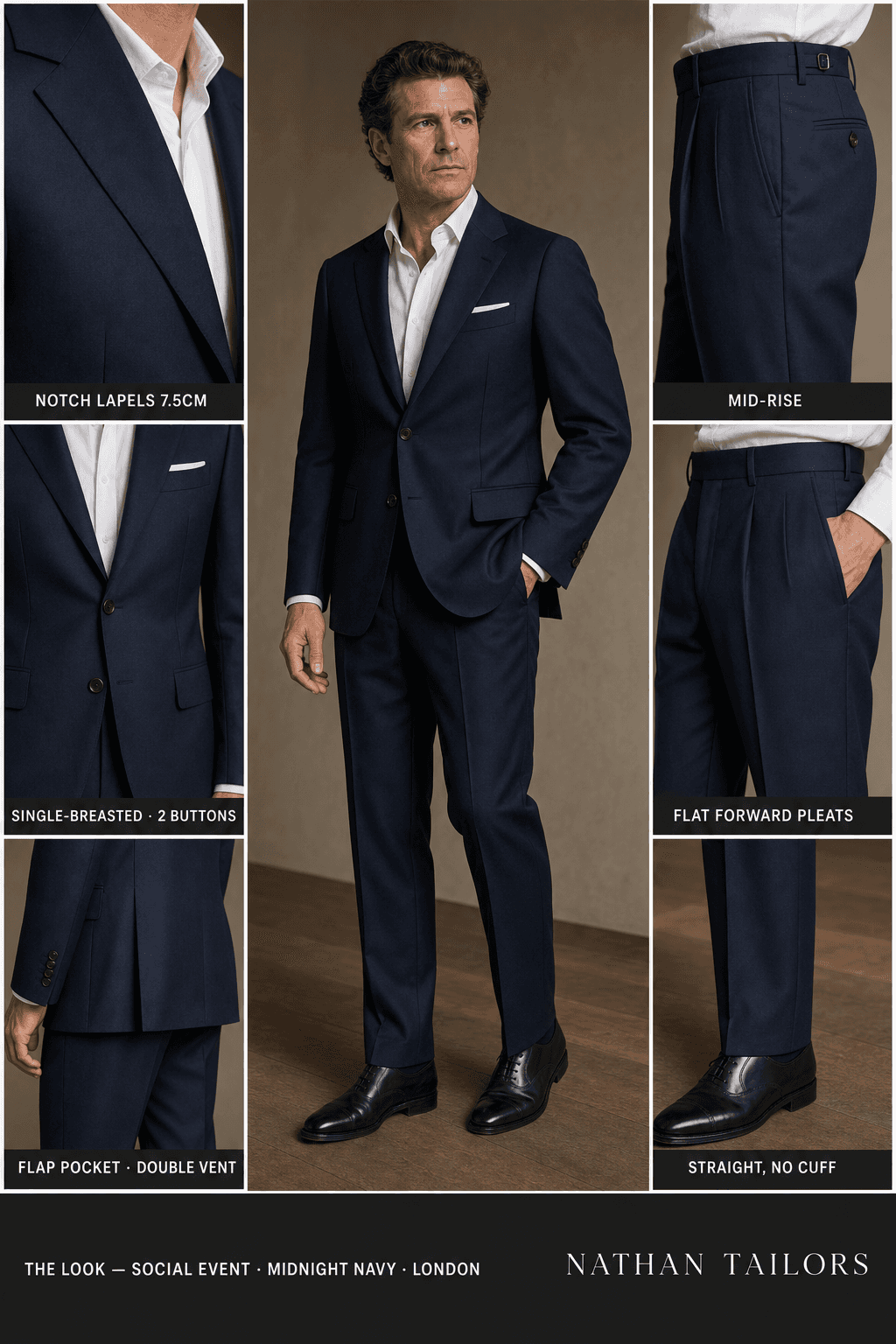 midnight navy single-breasted notch-lapel online custom suit — designed online at RemoteSuit. Made-to-measure online custom suit available from $109.