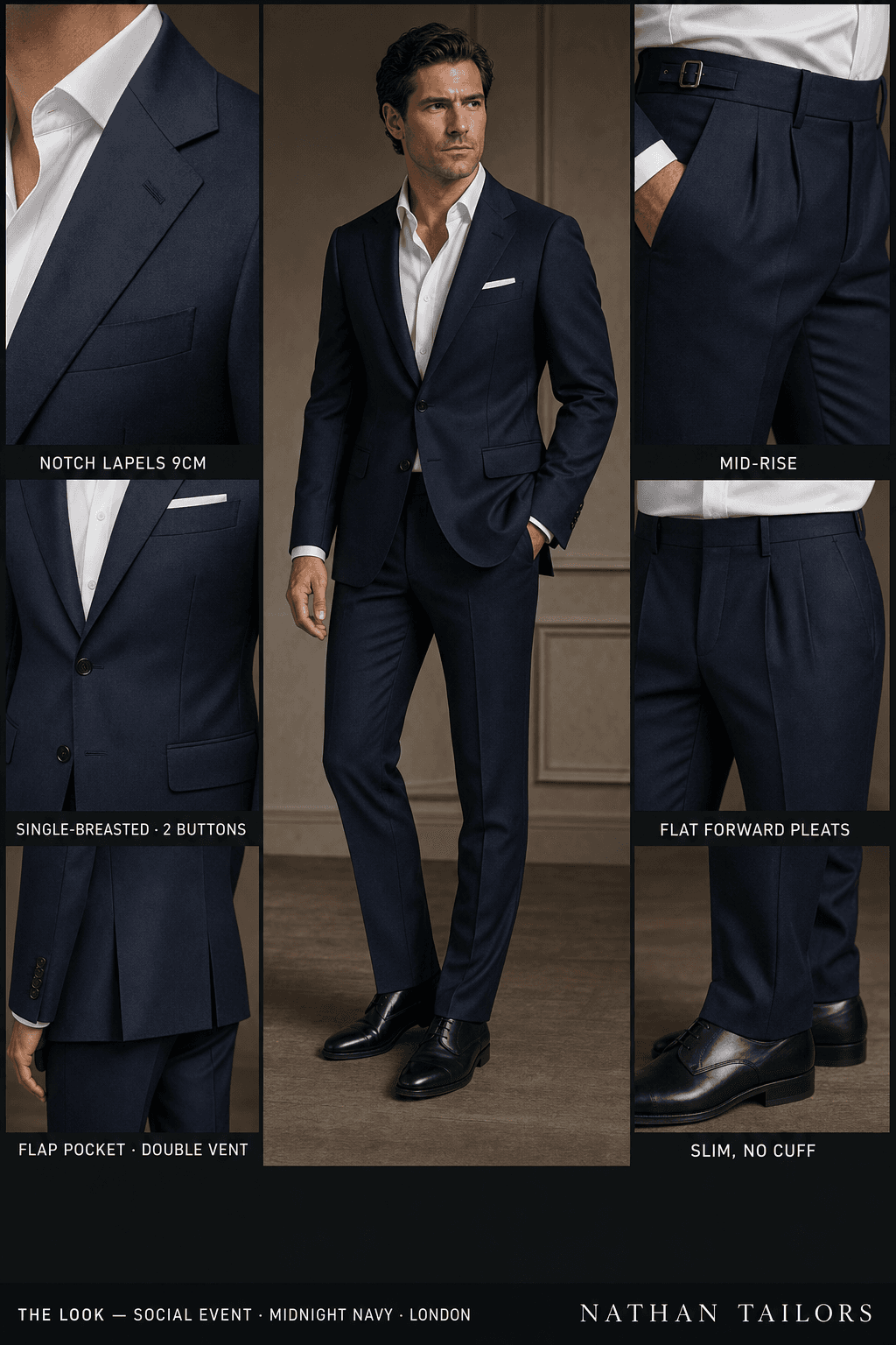 midnight navy single-breasted notch-lapel online custom suit — designed online at RemoteSuit. Made-to-measure online custom suit available from $109.