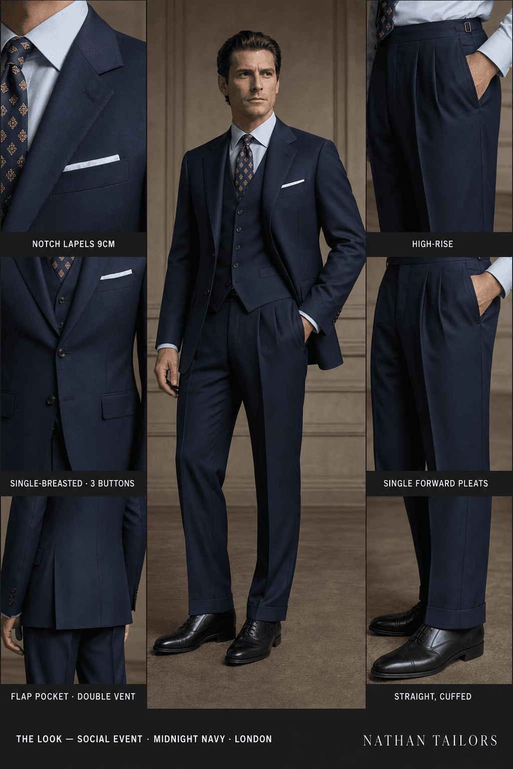 midnight navy single-breasted notch-lapel online custom suit — designed online at RemoteSuit. Made-to-measure online custom suit available from $109.