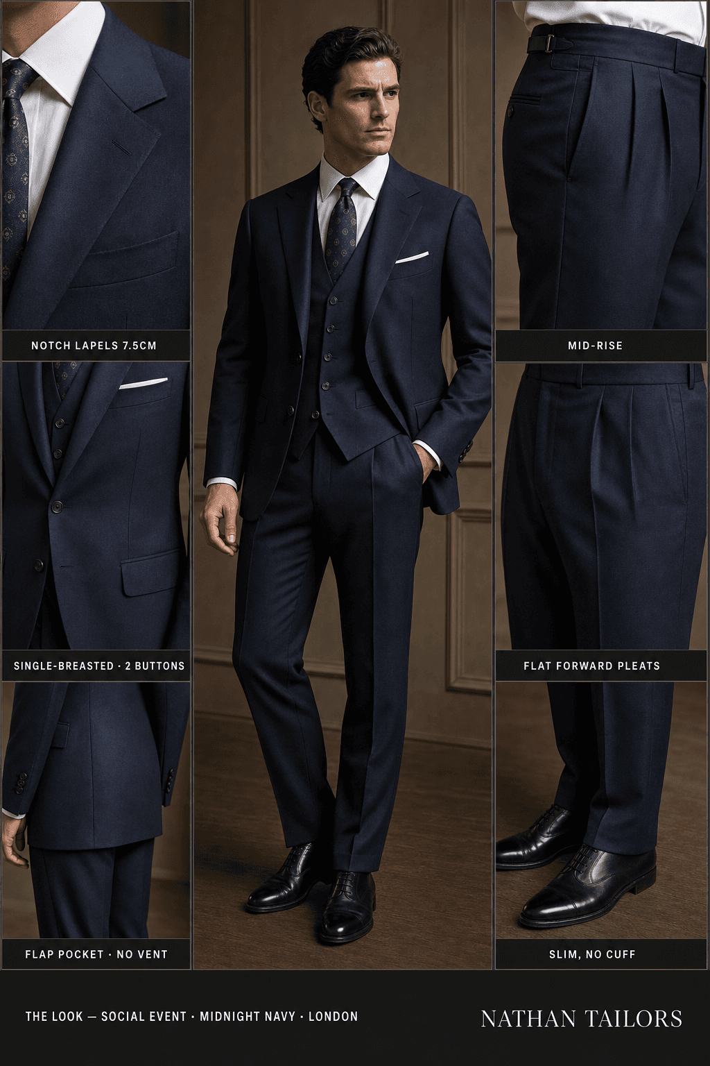 midnight navy single-breasted notch-lapel online custom suit — designed online at RemoteSuit. Made-to-measure online custom suit available from $109.