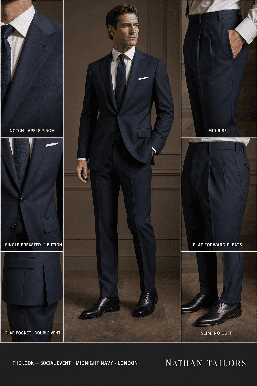 midnight navy single-breasted notch-lapel online custom suit — designed online at RemoteSuit. Made-to-measure online custom suit available from $109.