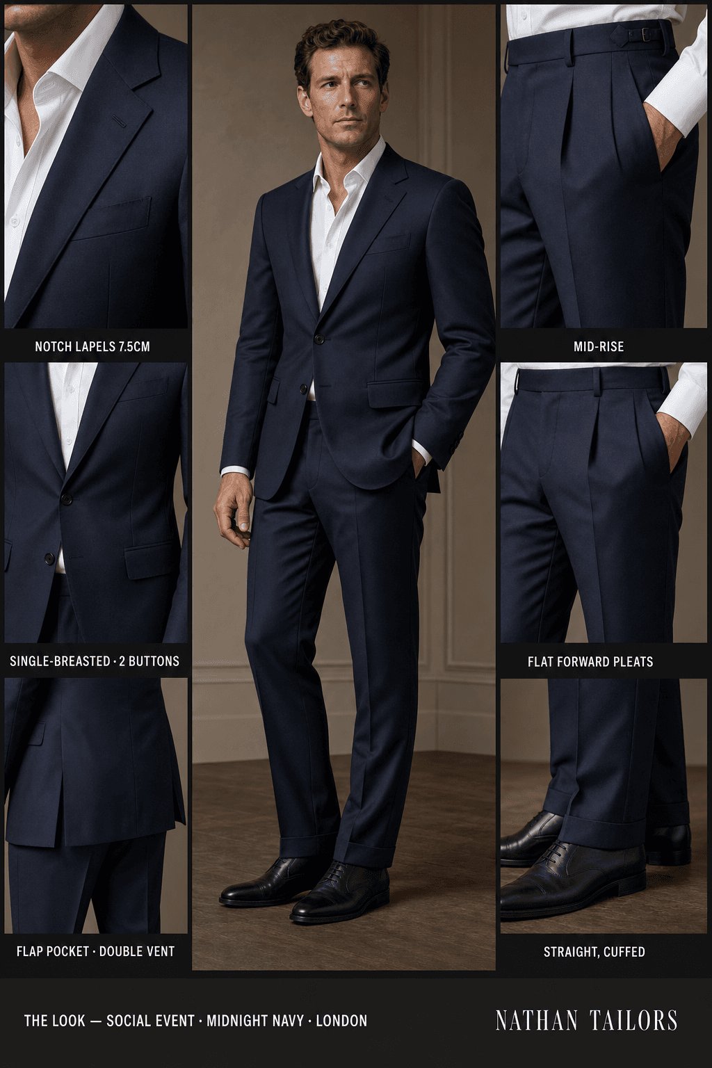 midnight navy single-breasted notch-lapel online custom suit — designed online at RemoteSuit. Made-to-measure online custom suit available from $109.