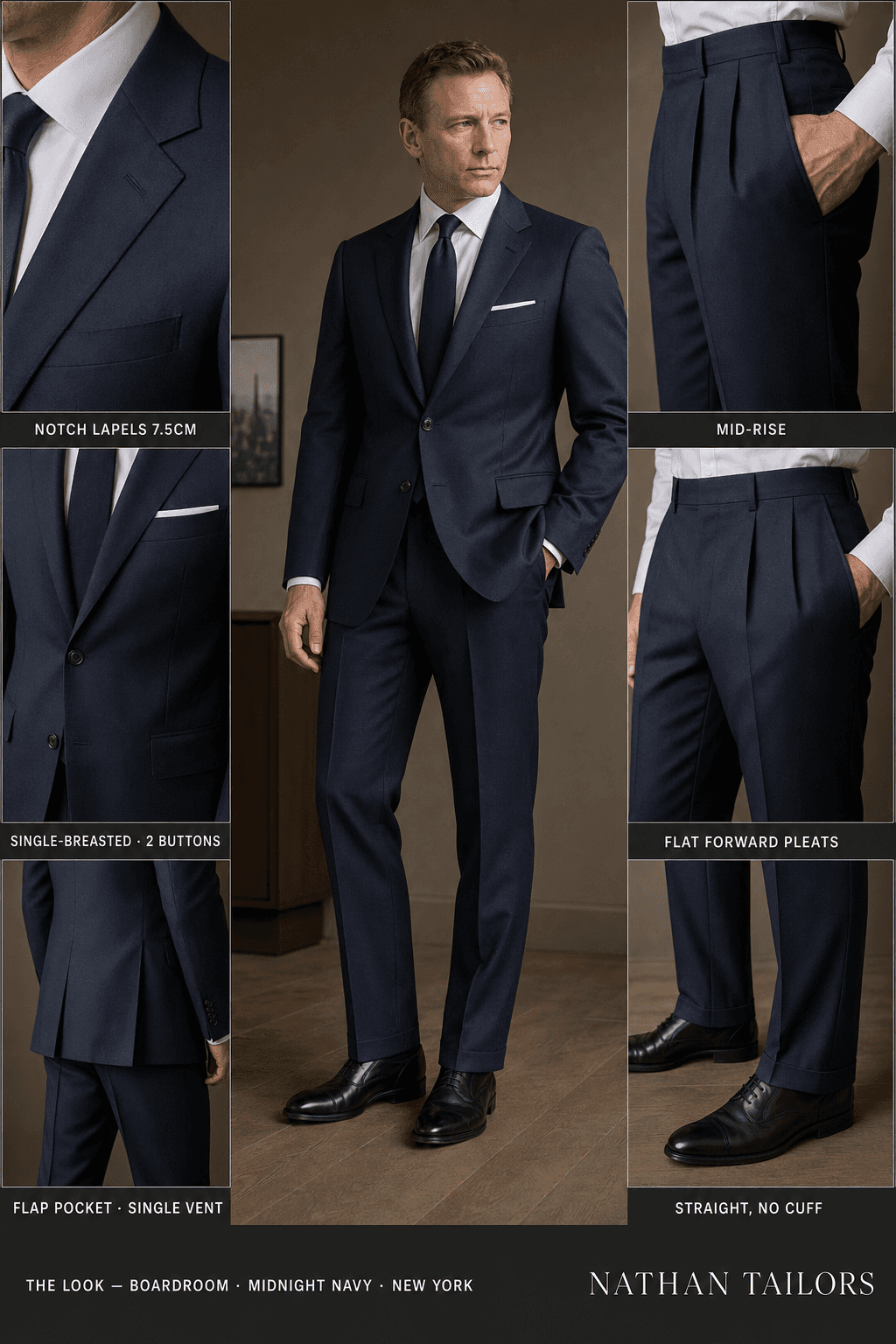 midnight navy single-breasted notch-lapel online custom suit — designed online at RemoteSuit. Made-to-measure online custom suit available from $109.