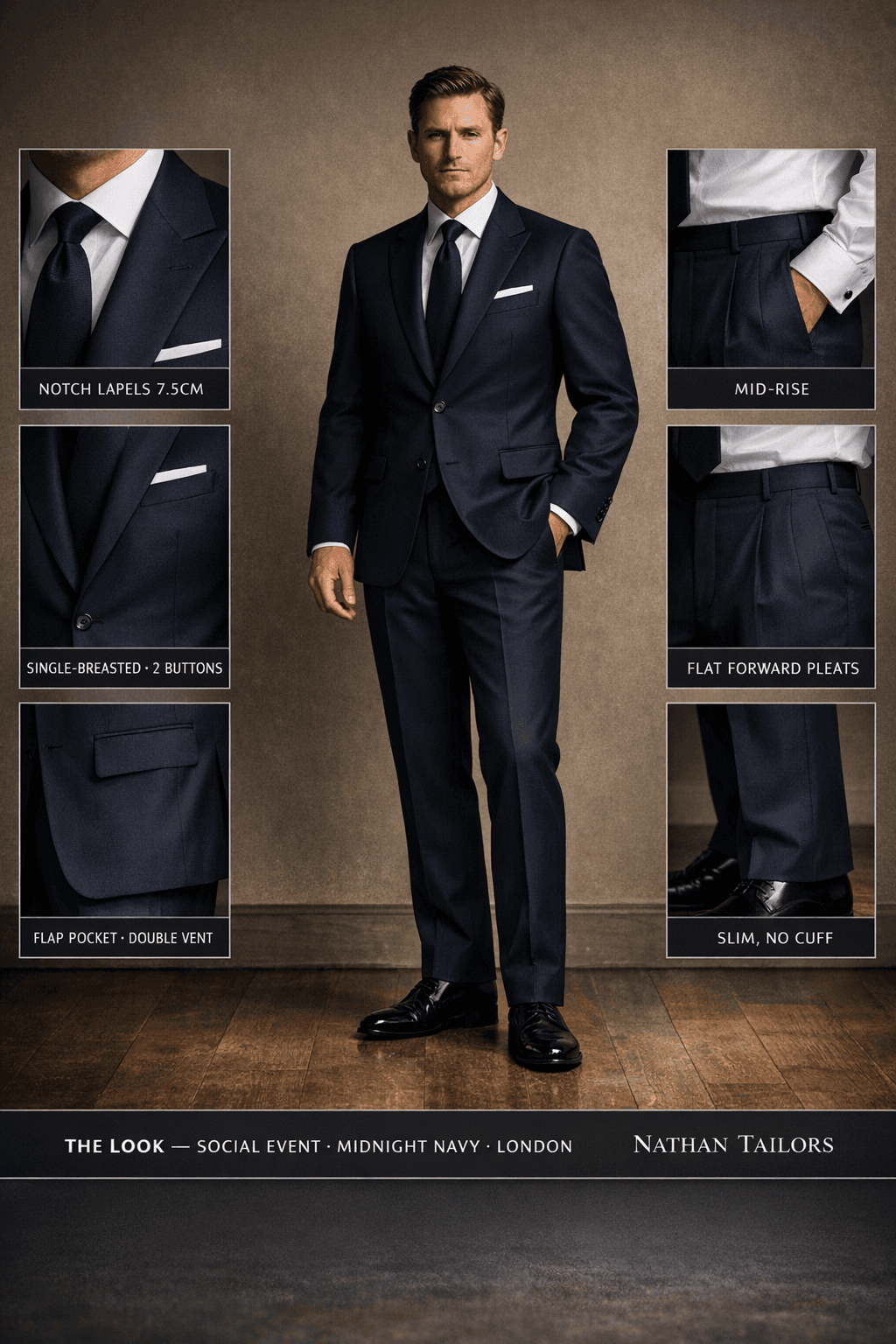 midnight navy single-breasted notch-lapel online custom suit — designed online at RemoteSuit. Made-to-measure online custom suit available from $109.