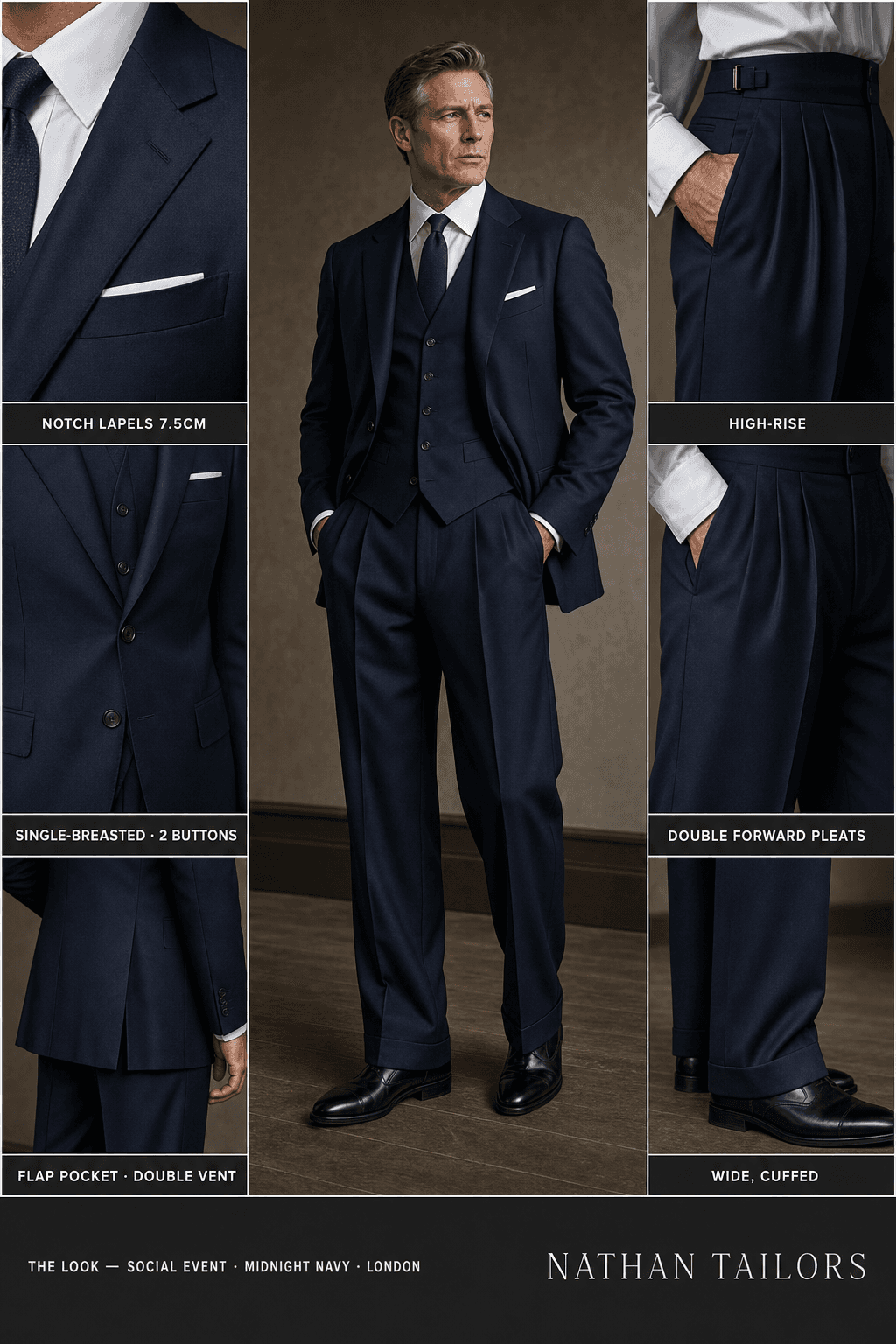 midnight navy single-breasted notch-lapel online custom suit — designed online at RemoteSuit. Made-to-measure online custom suit available from $109.