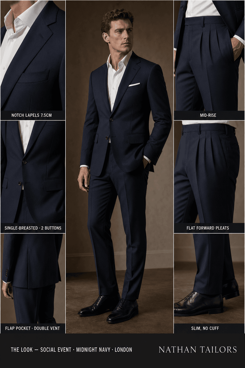 midnight navy single-breasted notch-lapel online custom suit — designed online at RemoteSuit. Made-to-measure online custom suit available from $109.
