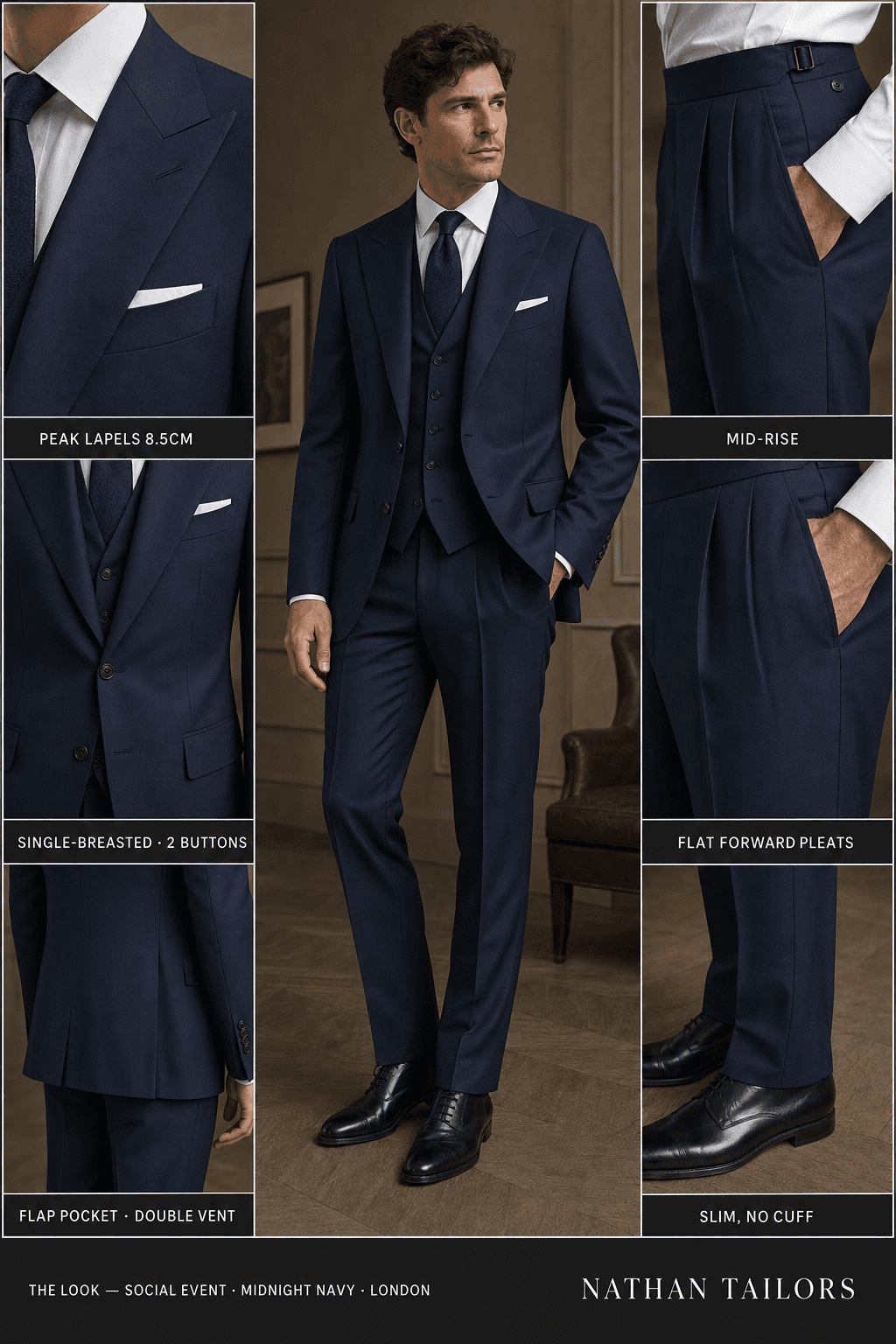midnight navy single-breasted peak-lapel online custom suit — designed online at RemoteSuit. Made-to-measure online custom suit available from $109.