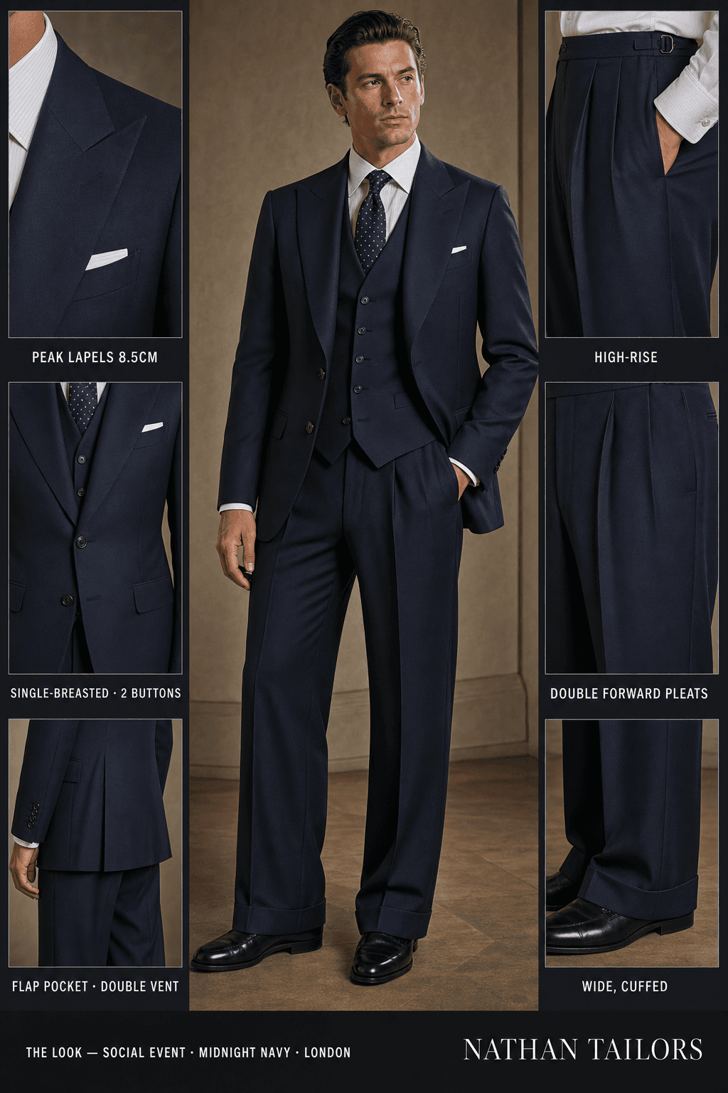 midnight navy single-breasted peak-lapel online custom suit — designed online at RemoteSuit. Made-to-measure online custom suit available from $109.