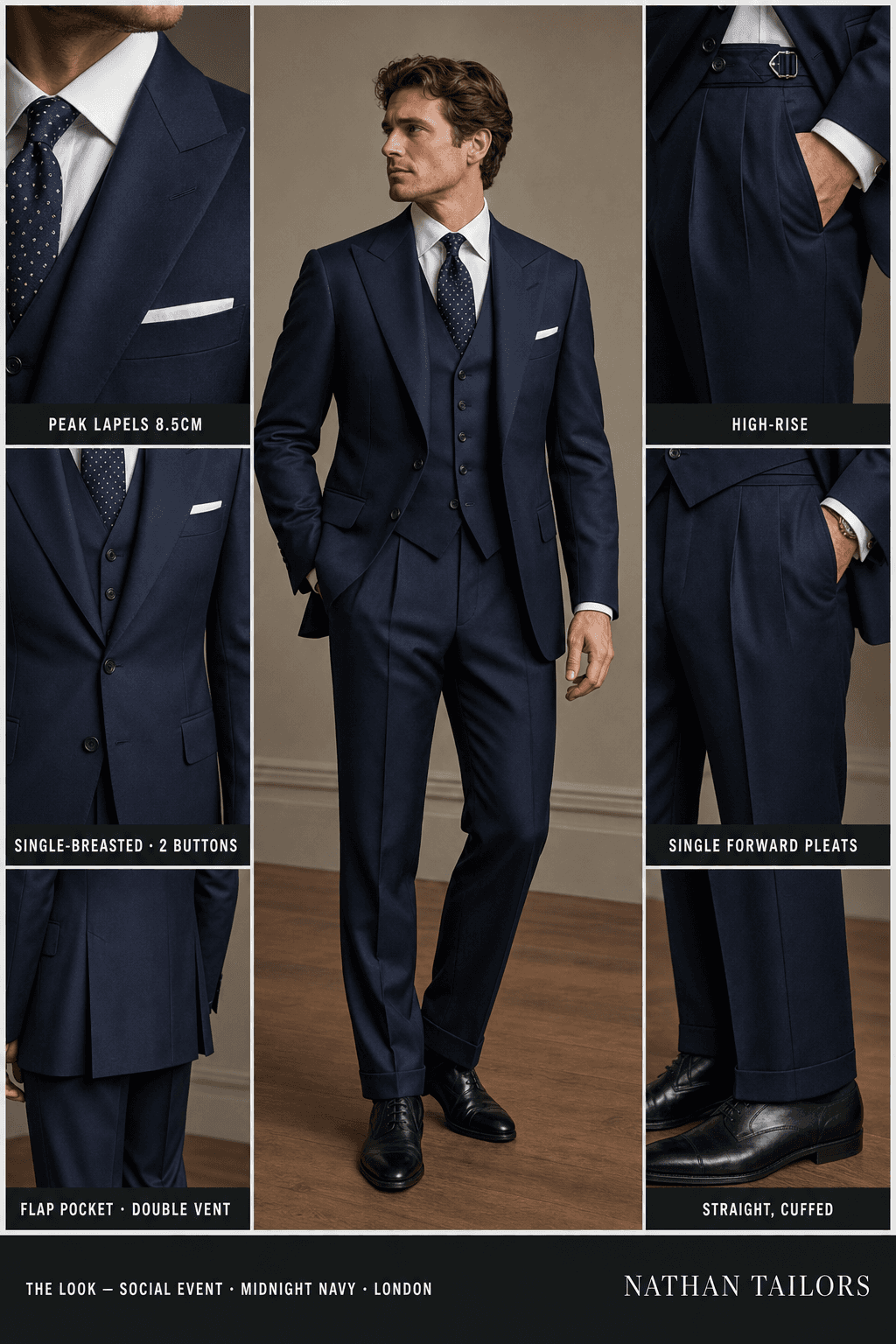 midnight navy single-breasted peak-lapel online custom suit — designed online at RemoteSuit. Made-to-measure online custom suit available from $109.