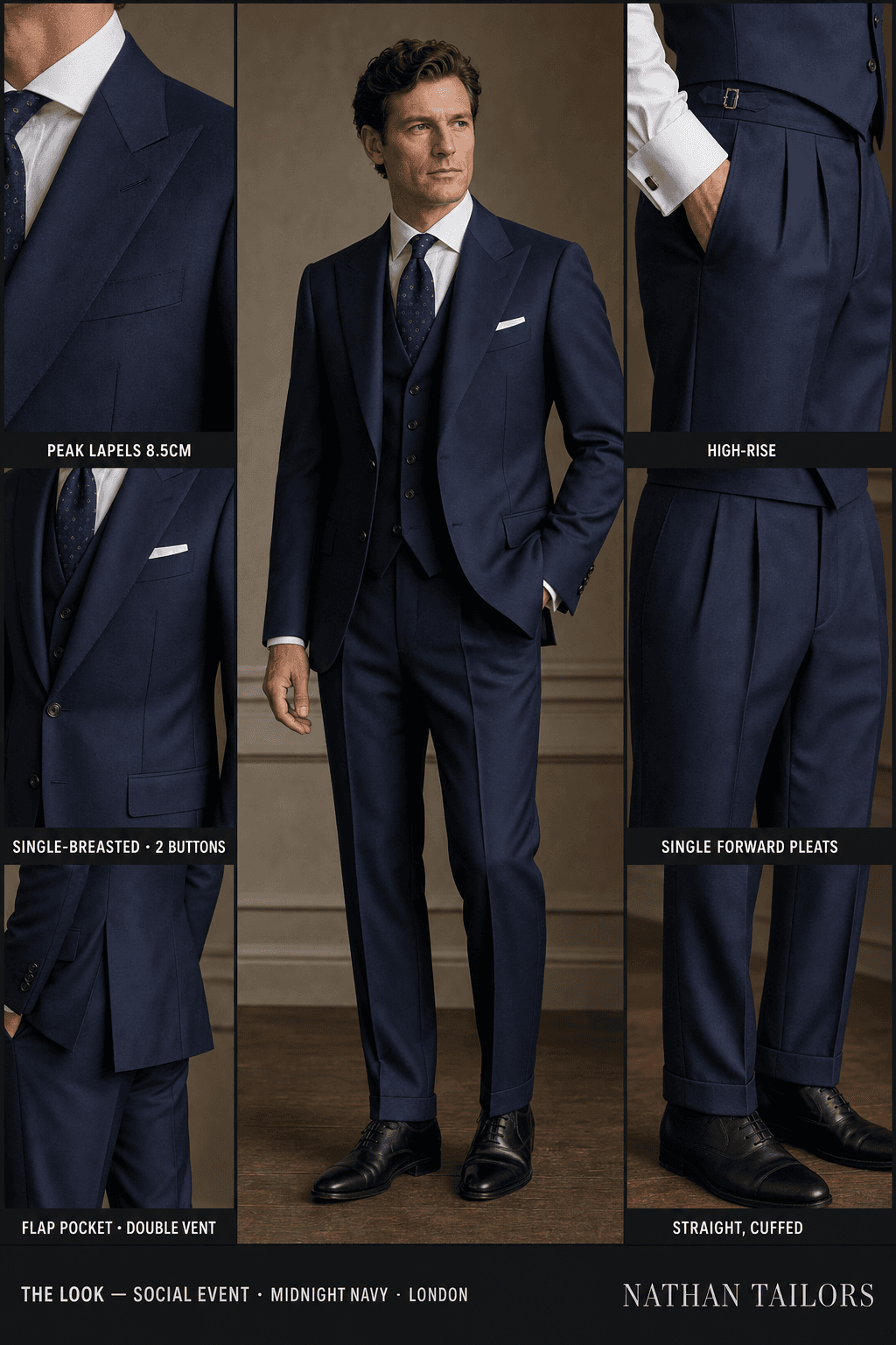 midnight navy single-breasted peak-lapel online custom suit — designed online at RemoteSuit. Made-to-measure online custom suit available from $109.