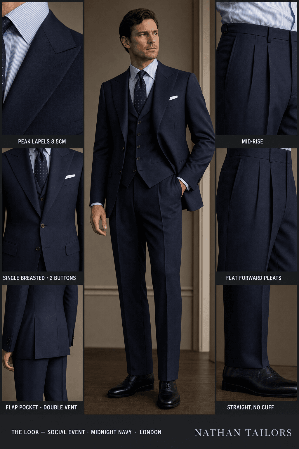 midnight navy single-breasted peak-lapel online custom suit — designed online at RemoteSuit. Made-to-measure online custom suit available from $109.