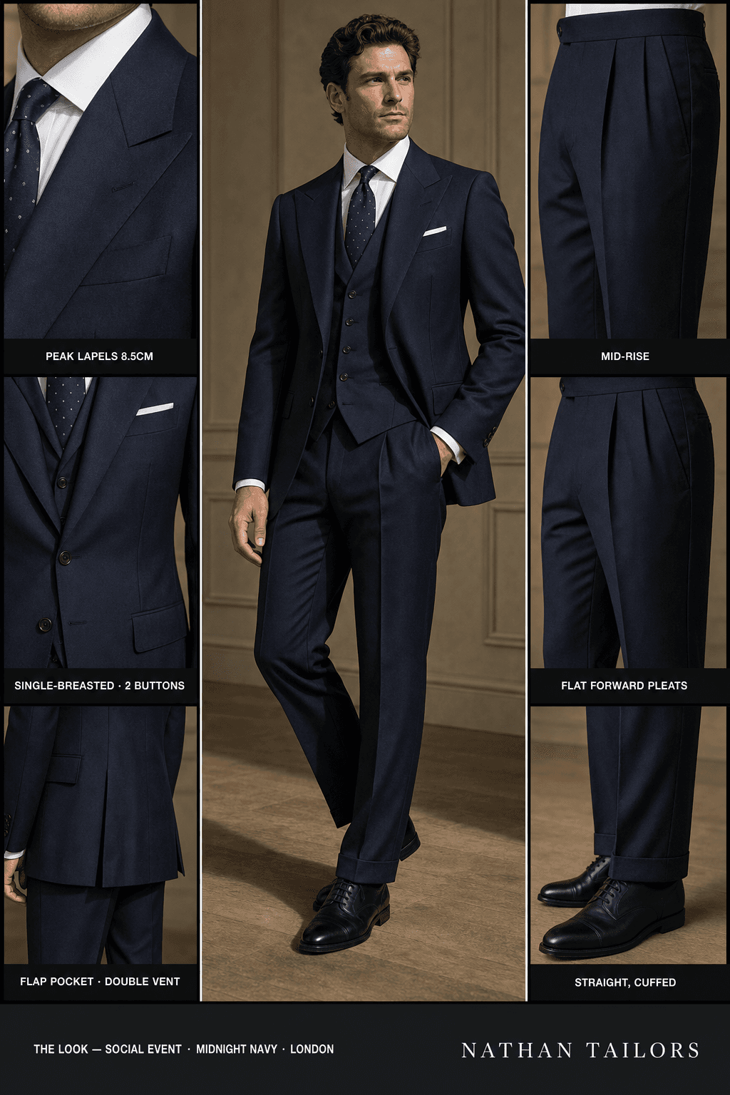 midnight navy single-breasted peak-lapel online custom suit — designed online at RemoteSuit. Made-to-measure online custom suit available from $109.