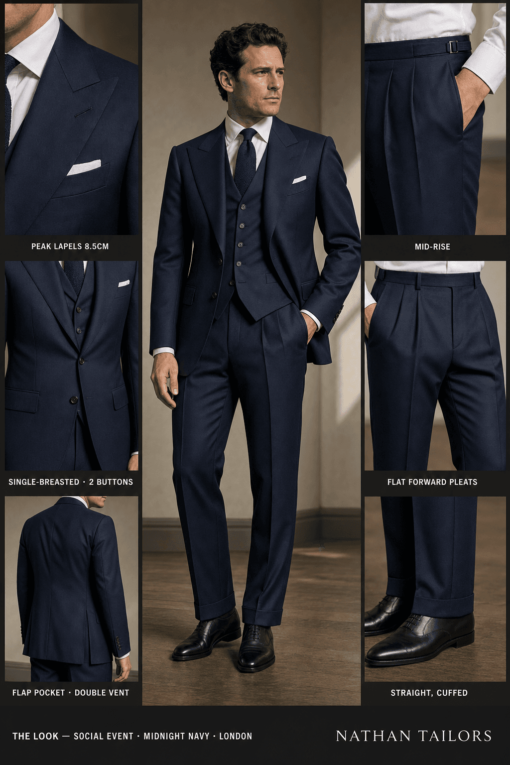 midnight navy single-breasted peak-lapel online custom suit — designed online at RemoteSuit. Made-to-measure online custom suit available from $109.
