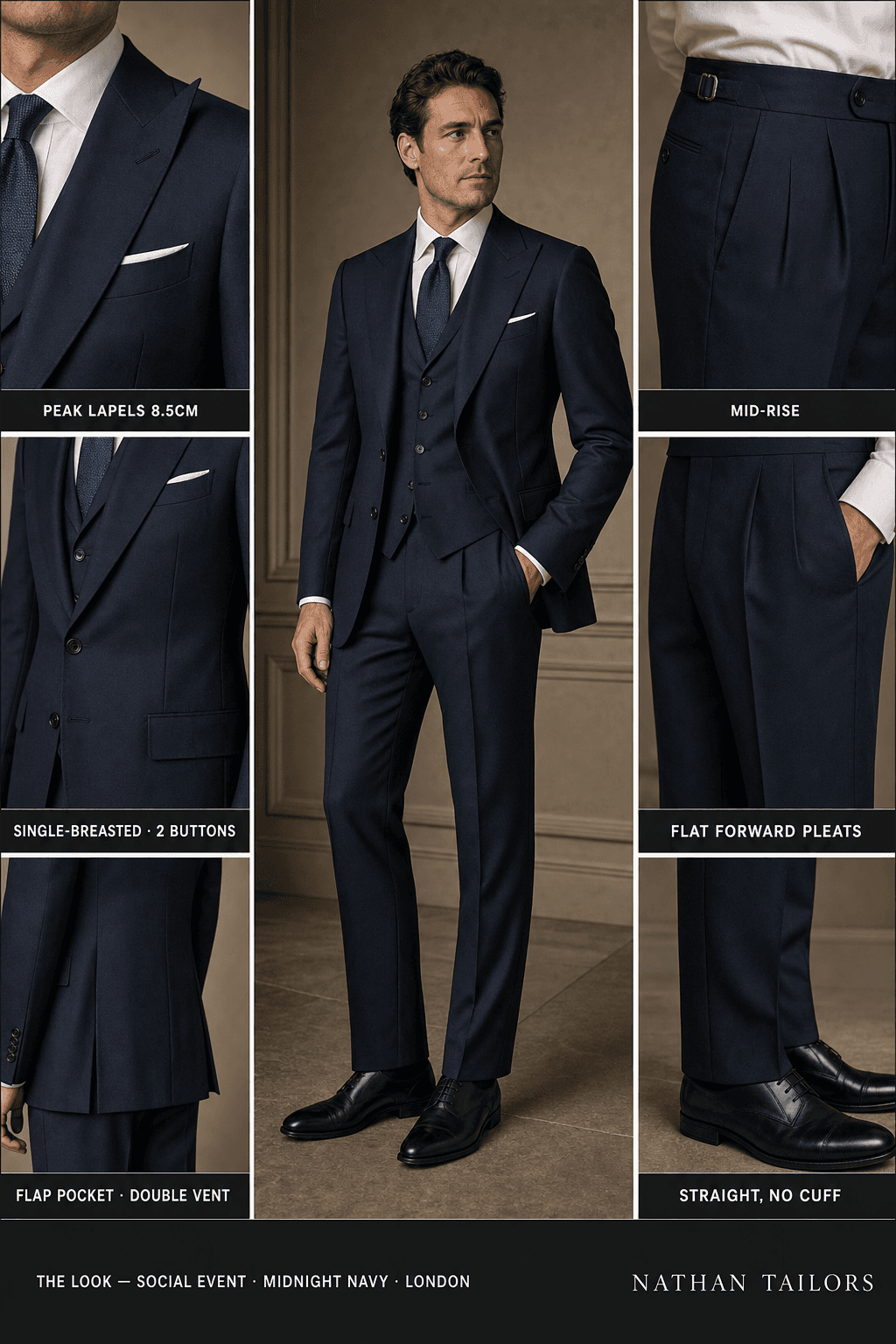 midnight navy single-breasted peak-lapel online custom suit — designed online at RemoteSuit. Made-to-measure online custom suit available from $109.