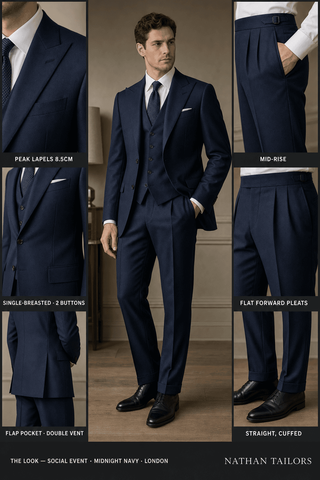 midnight navy single-breasted peak-lapel online custom suit — designed online at RemoteSuit. Made-to-measure online custom suit available from $109.