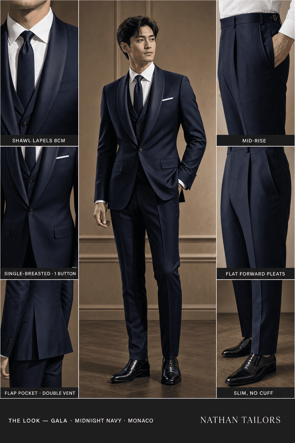 midnight navy single-breasted shawl-lapel online custom suit — designed online at RemoteSuit. Made-to-measure online custom suit available from $109.