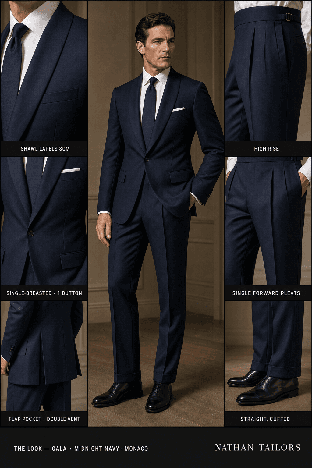 midnight navy single-breasted shawl-lapel online custom suit — designed online at RemoteSuit. Made-to-measure online custom suit available from $109.