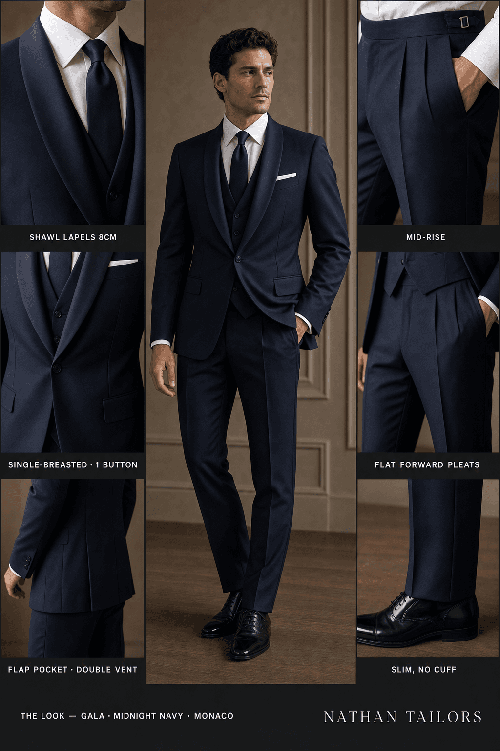 midnight navy single-breasted shawl-lapel online custom suit — designed online at RemoteSuit. Made-to-measure online custom suit available from $109.