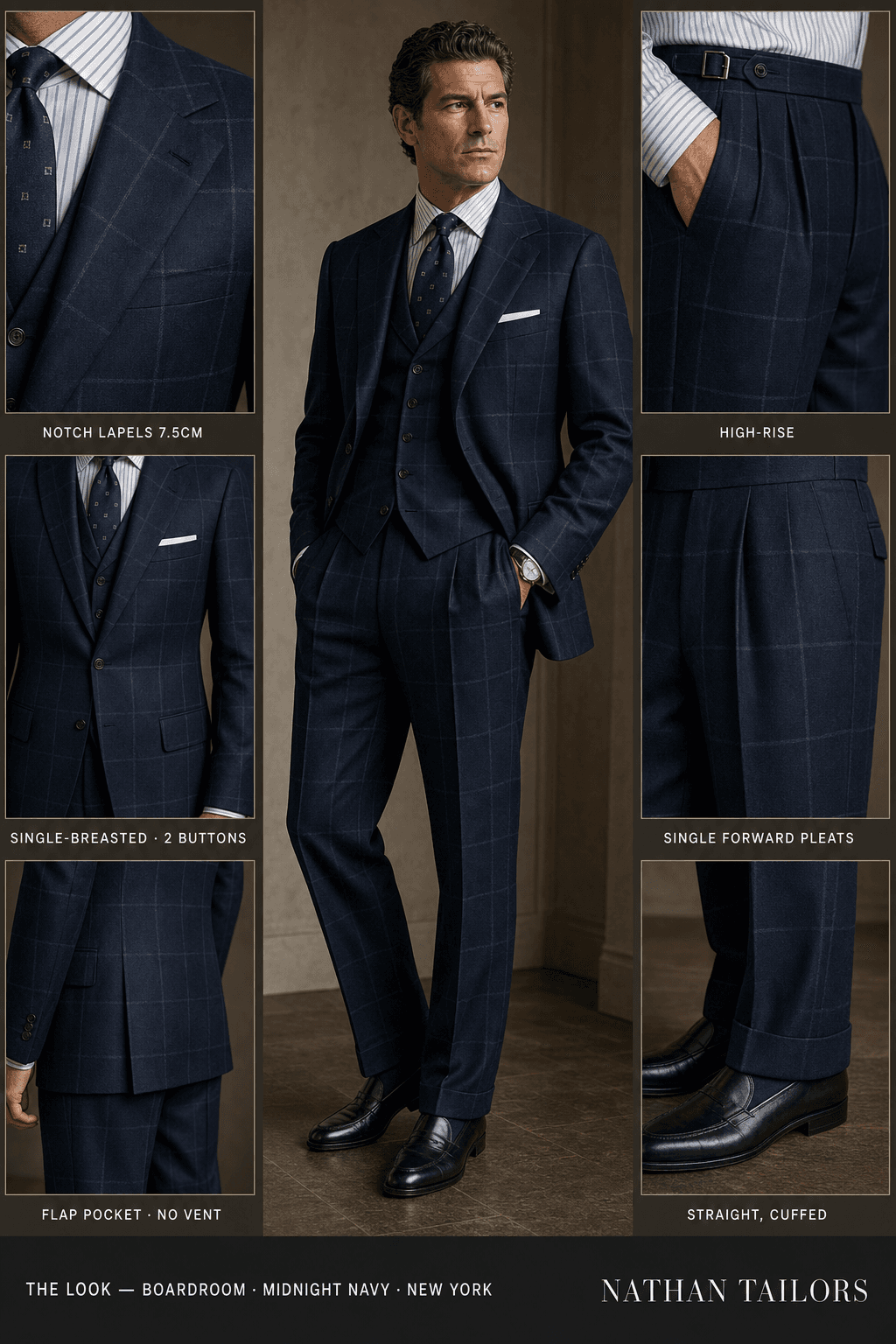 midnight navy windowpane single-breasted notch-lapel online custom suit — designed online at RemoteSuit. Made-to-measure online custom suit available from $109.