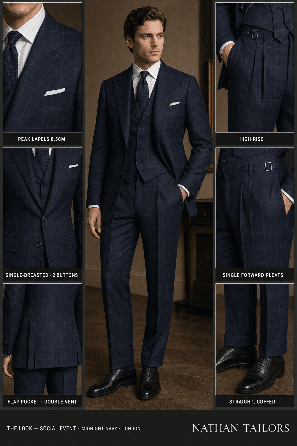 midnight navy windowpane single-breasted peak-lapel online custom suit — designed online at RemoteSuit. Made-to-measure online custom suit available from $109.