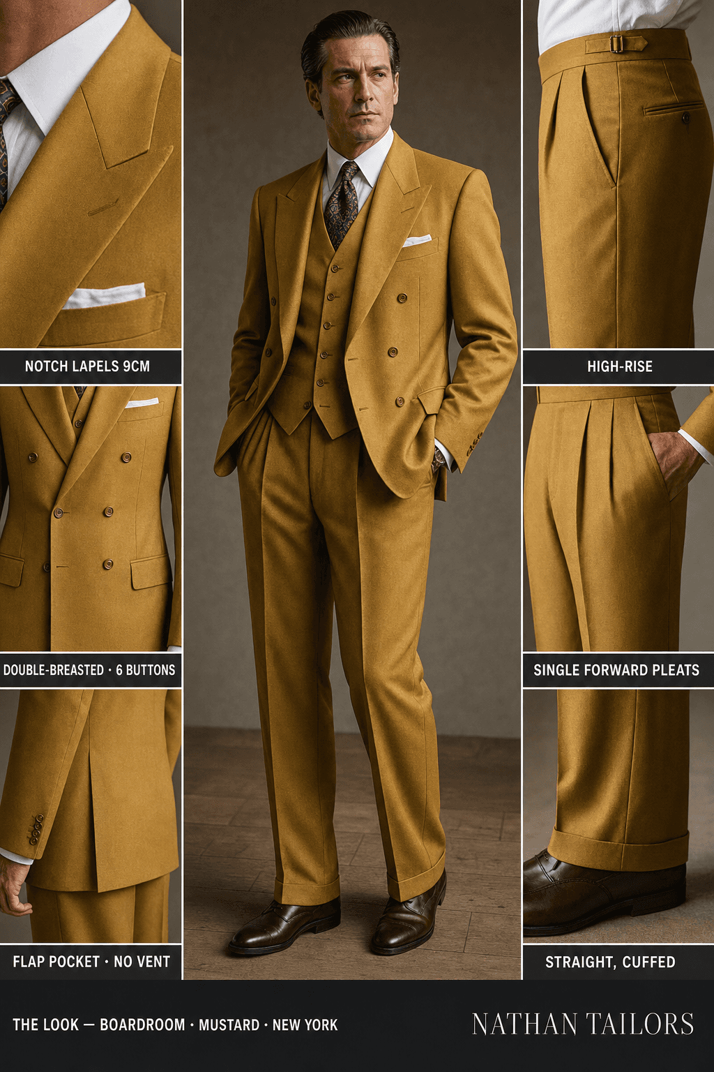 mustard double-breasted notch-lapel online custom suit — designed online at RemoteSuit. Made-to-measure online custom suit available from $109.