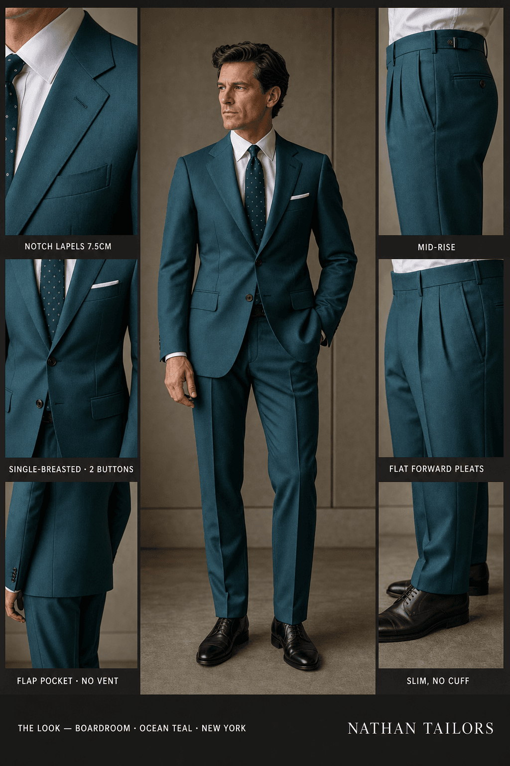 ocean teal single-breasted notch-lapel online custom suit — designed online at RemoteSuit. Made-to-measure online custom suit available from $109.