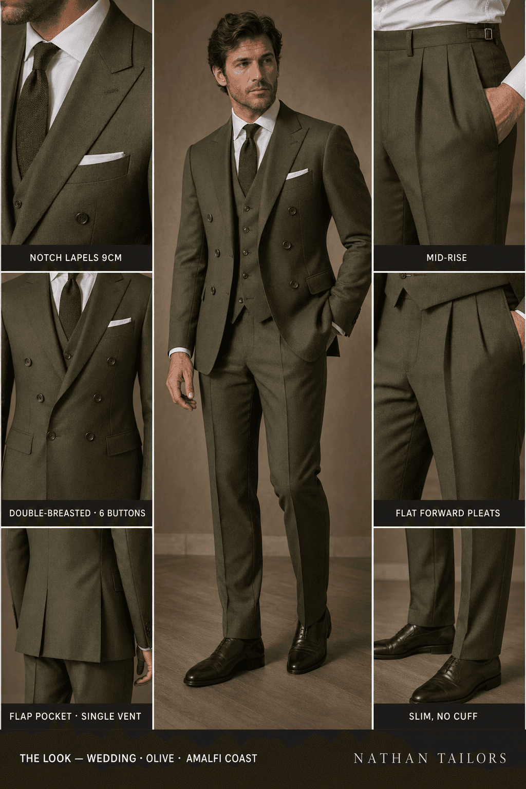 olive double-breasted notch-lapel online custom suit — designed online at RemoteSuit. Made-to-measure online custom suit available from $109.