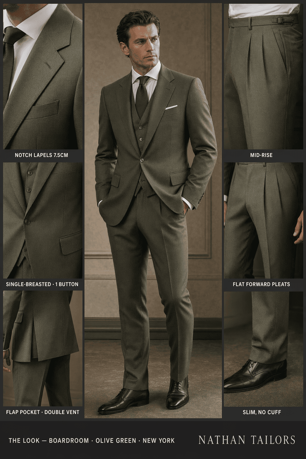 olive green single-breasted notch-lapel online custom suit — designed online at RemoteSuit. Made-to-measure online custom suit available from $109.