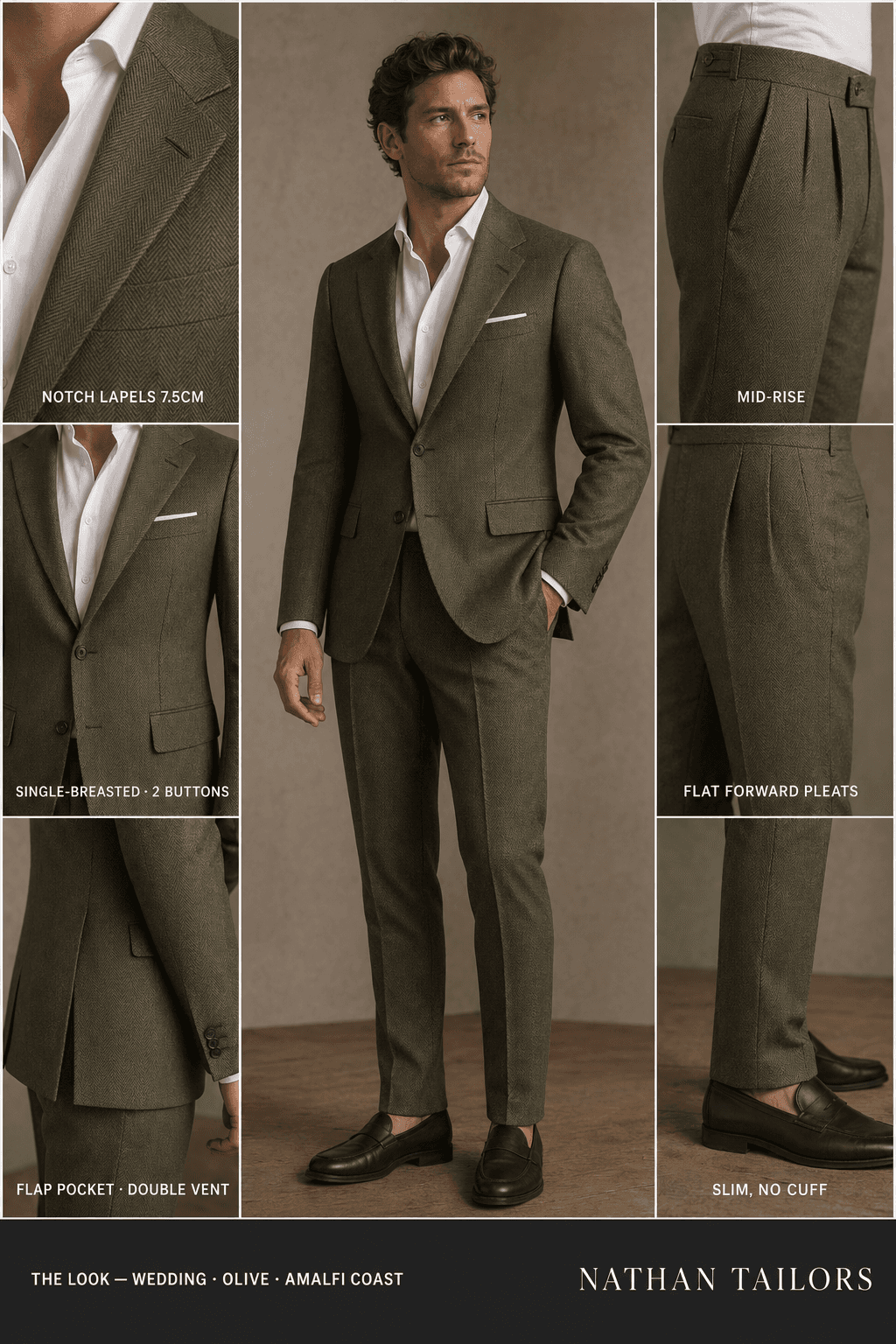 olive single-breasted online custom suit — designed at RemoteSuit, made to measure online