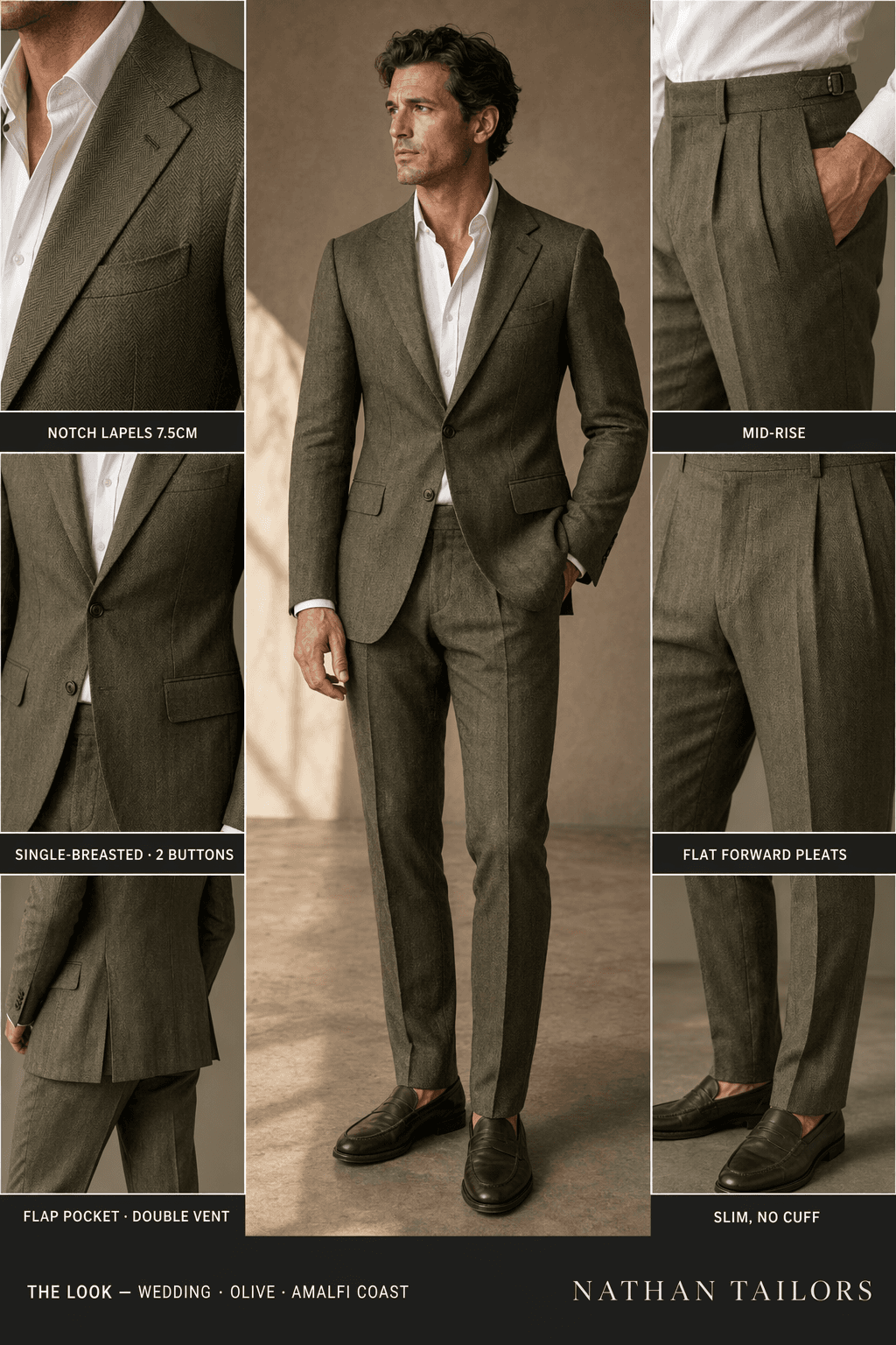 olive herringbone single-breasted notch-lapel online custom suit — designed online at RemoteSuit. Made-to-measure online custom suit available from $109.