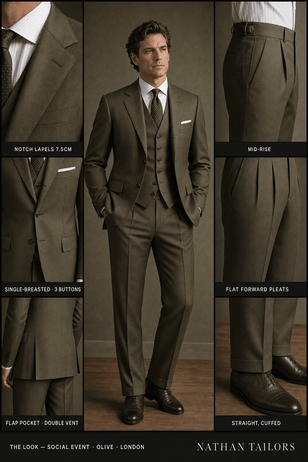 olive single-breasted notch-lapel online custom suit — designed online at RemoteSuit. Made-to-measure online custom suit available from $109.