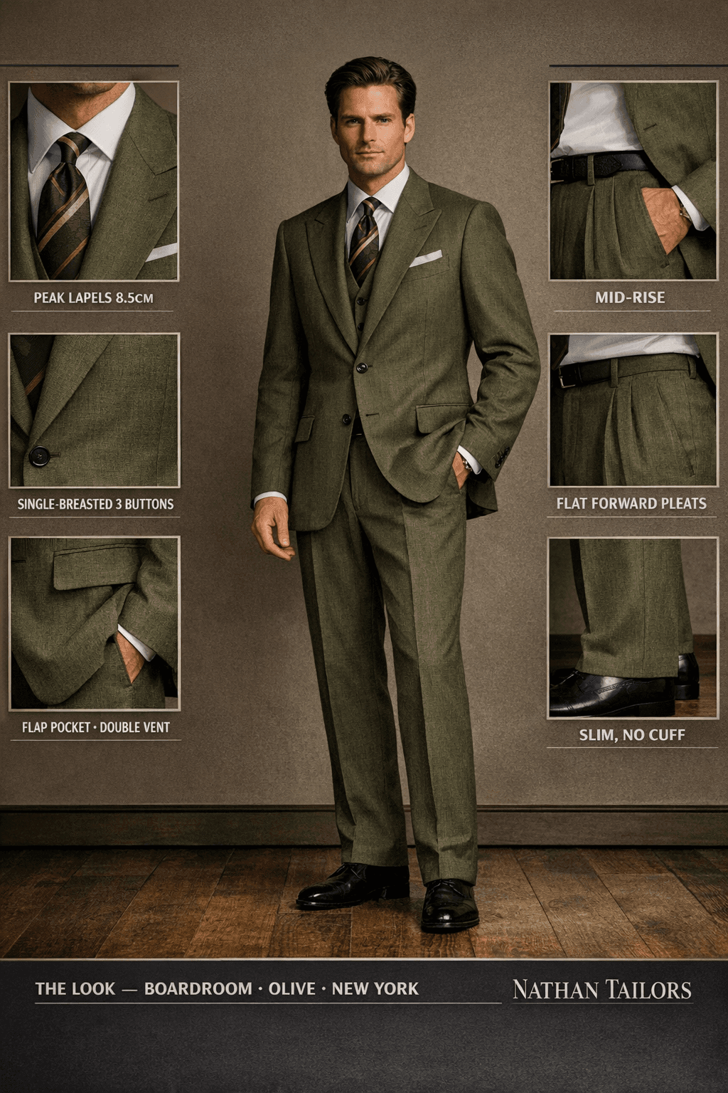 olive single-breasted peak-lapel online custom suit — designed online at RemoteSuit. Made-to-measure online custom suit available from $109.