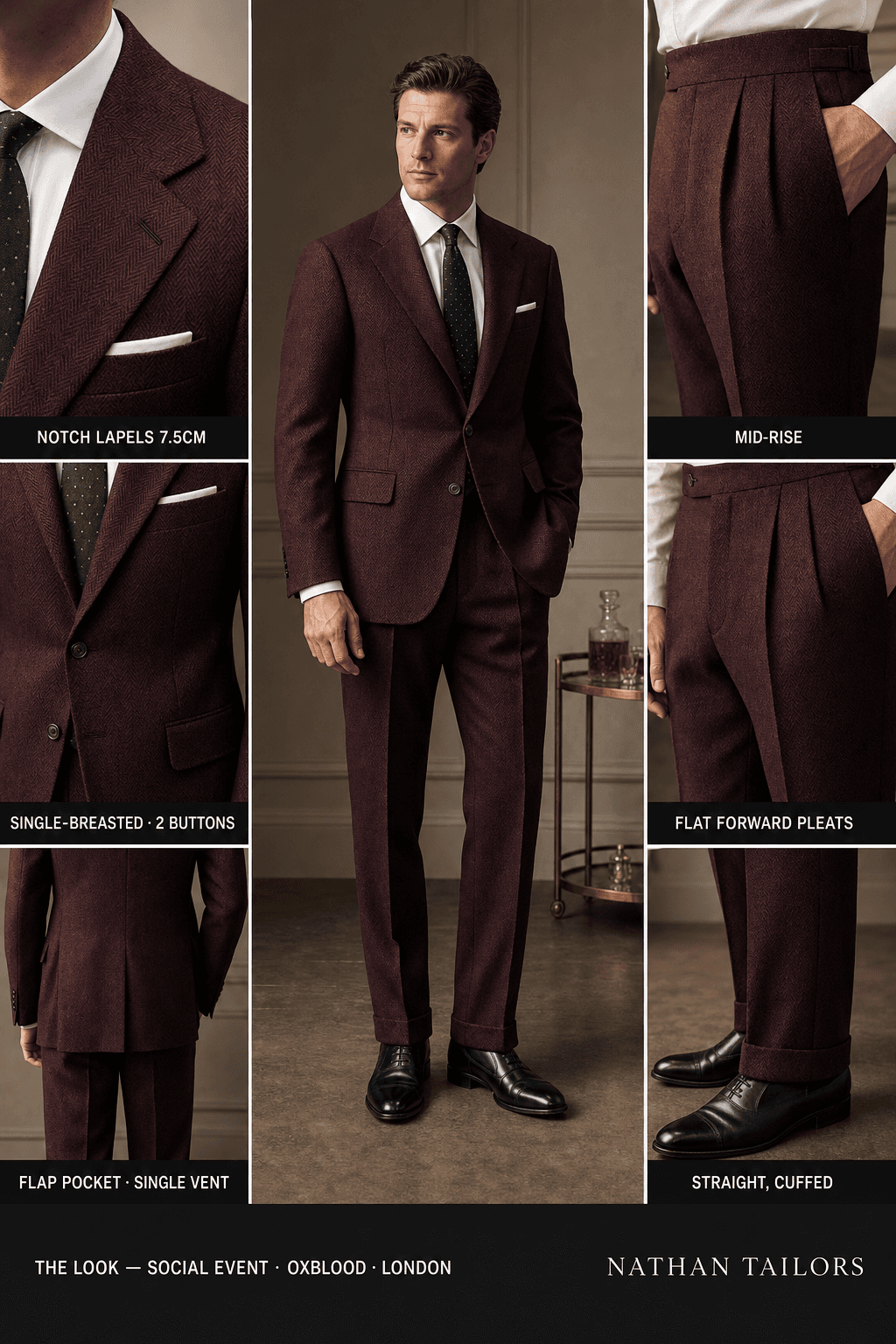 oxblood herringbone single-breasted notch-lapel online custom suit — designed online at RemoteSuit. Made-to-measure online custom suit available from $109.