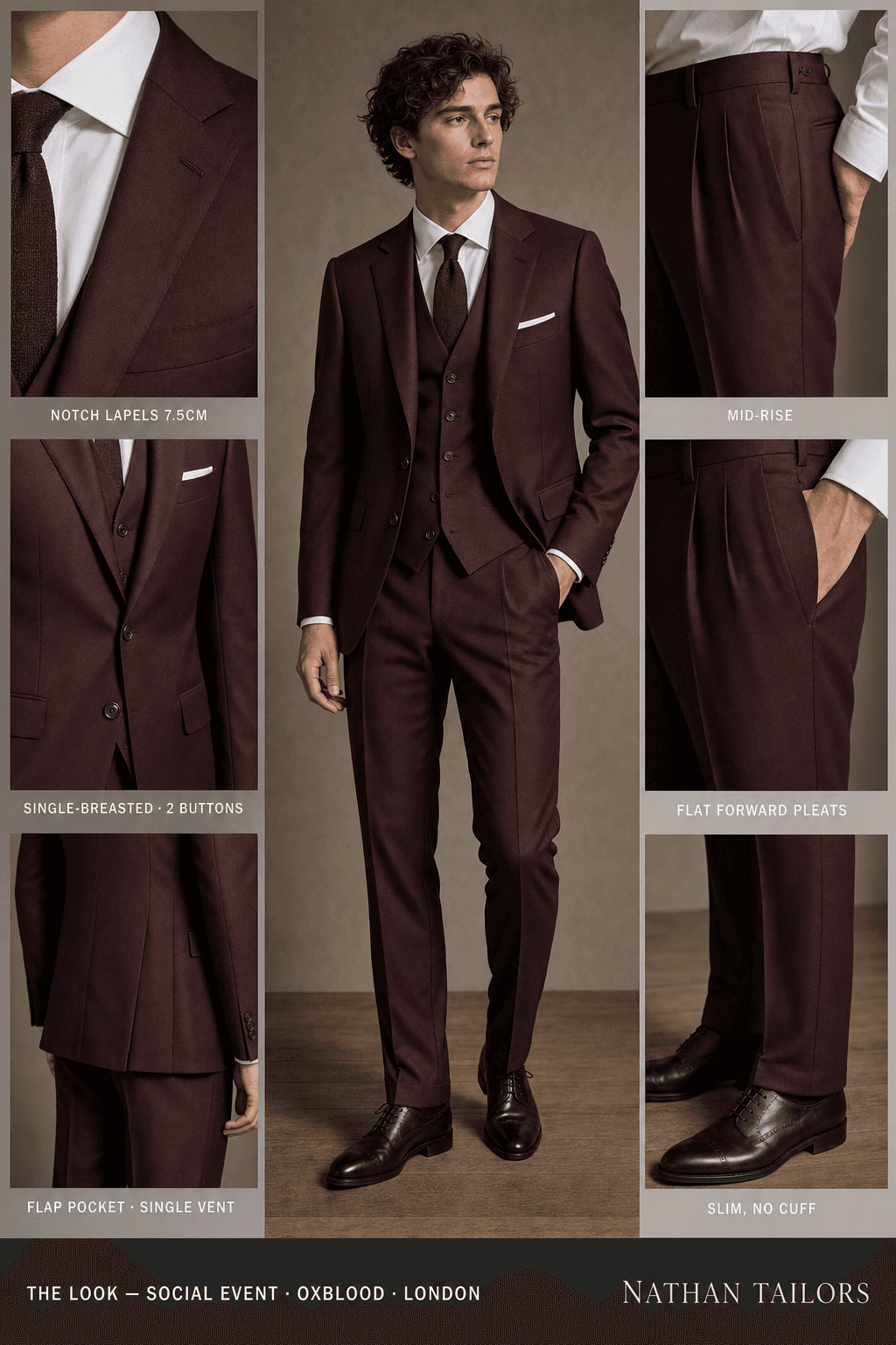 oxblood single-breasted notch-lapel online custom suit — designed online at RemoteSuit. Made-to-measure online custom suit available from $109.