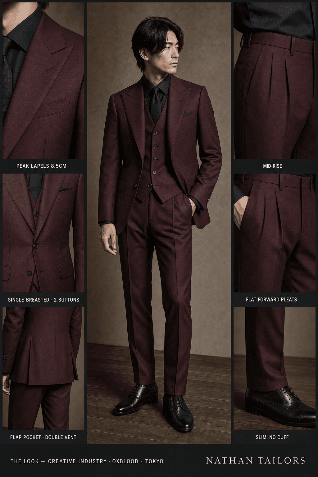 oxblood single-breasted peak-lapel online custom suit — designed online at RemoteSuit. Made-to-measure online custom suit available from $109.