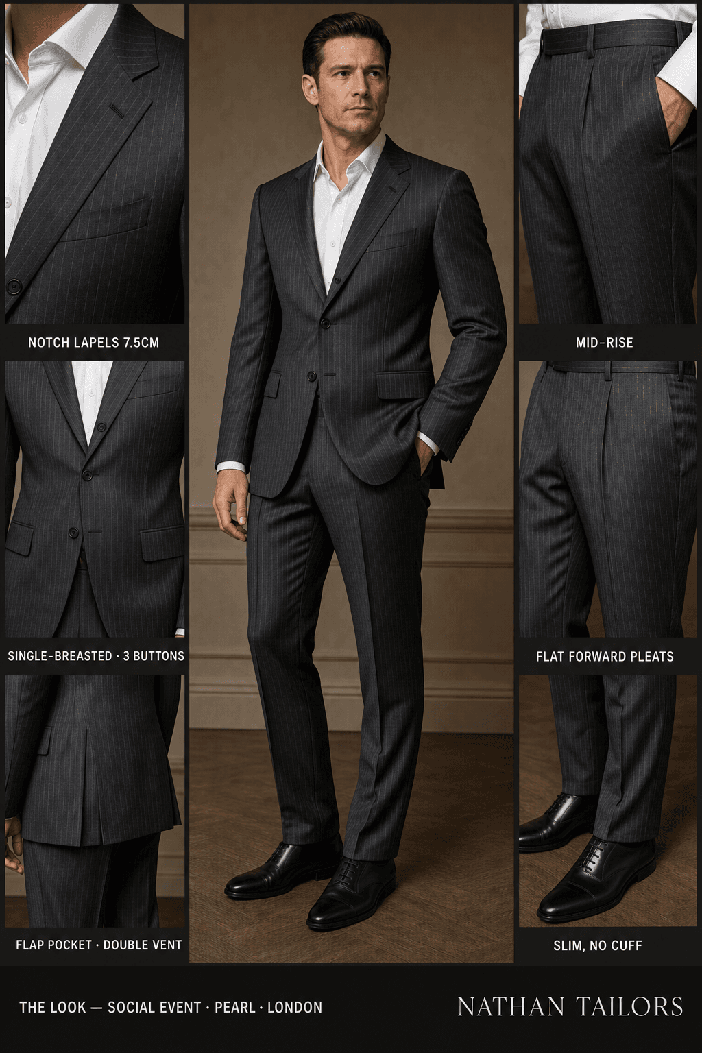 pearl chalk stripe single-breasted notch-lapel online custom suit — designed online at RemoteSuit. Made-to-measure online custom suit available from $109.